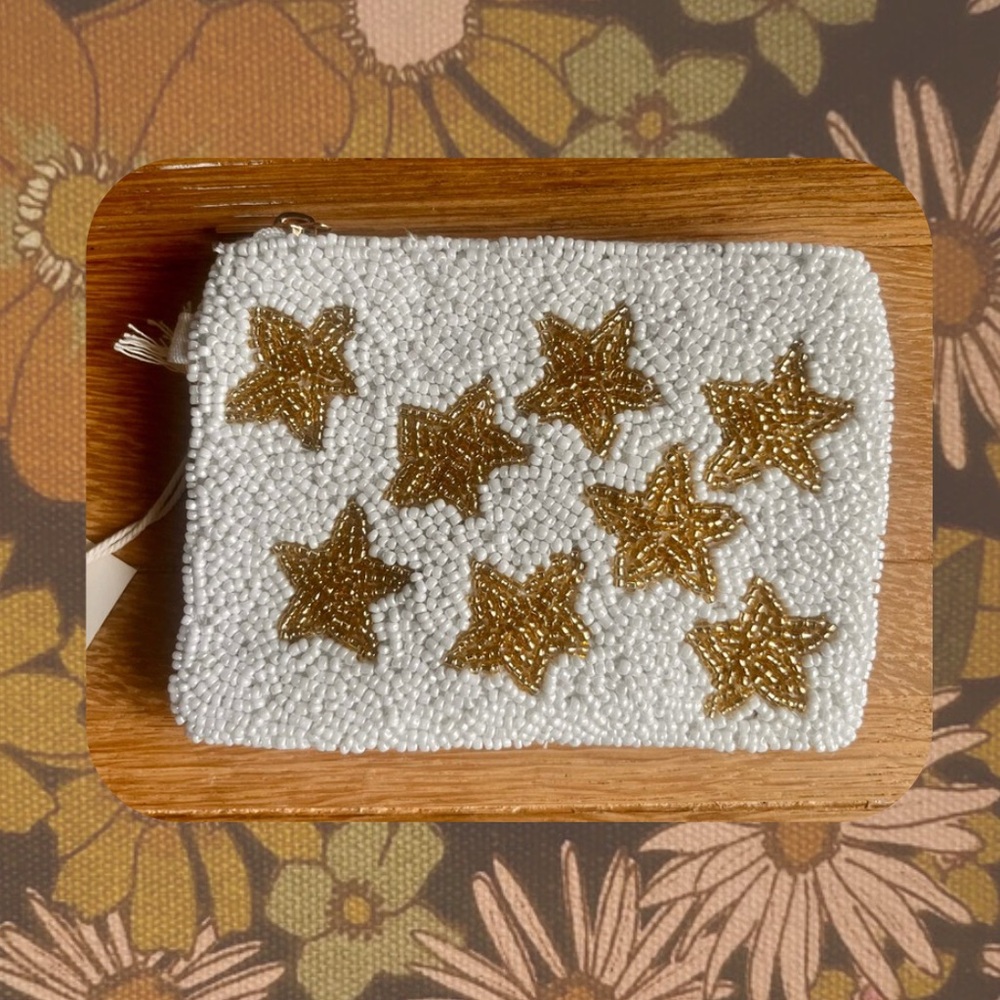 π3/$15 π Universal Threads White Beaded Pouch with Gold Stars
